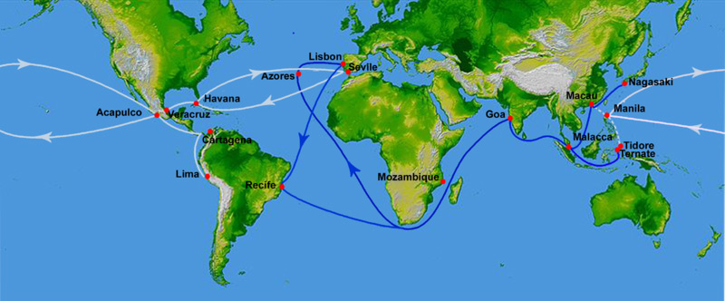 Португальские (голубой) и испанские (белый) торговые пути в 1568 г.