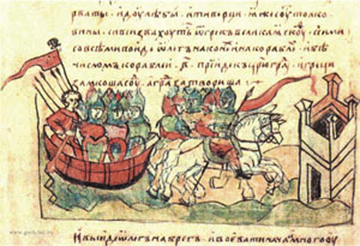 Олег ведёт армию к стенам Царьграда (Константинополь), Византия, 907 г. (Миниатюра из Радзивилловской летописи начала XIII века)